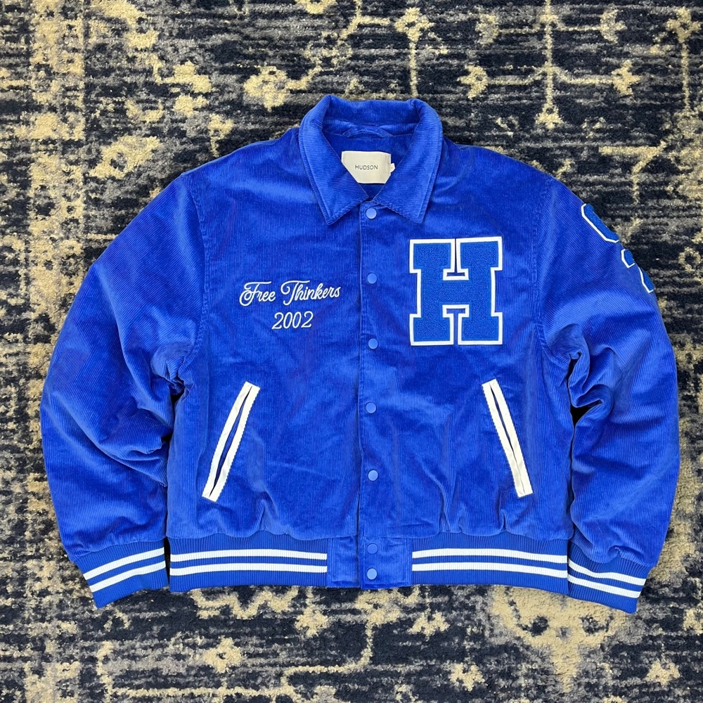 Hudson Mens Free Thinkers 2002 Corduroy Varsity Jacket Blue XL Collegiate Snap
